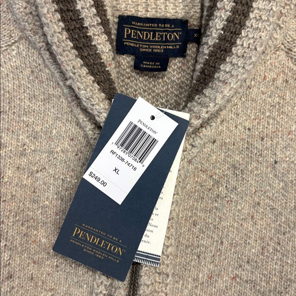 Pendleton Men's Beige Wool Zip Cardigan with Green & Brown Pattern - Picture 3 of 4